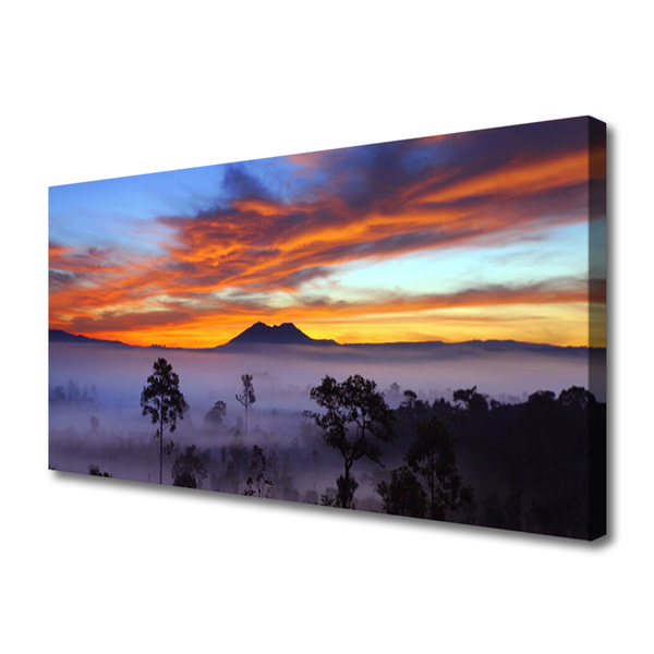 Canvas print Trees fog landscape yellow white black