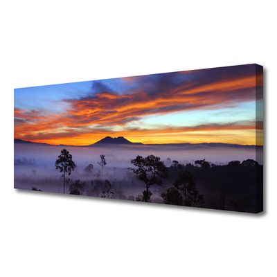 Canvas print Trees fog landscape yellow white black