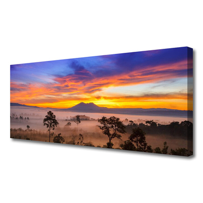 Canvas print Trees fog landscape yellow white black brown