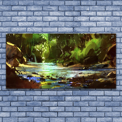 Canvas print Forest lake stones nature green brown blue