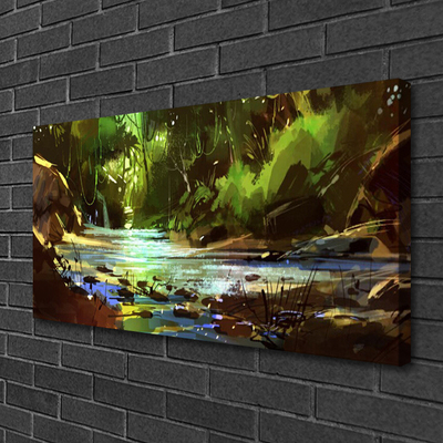 Canvas print Forest lake stones nature green brown blue