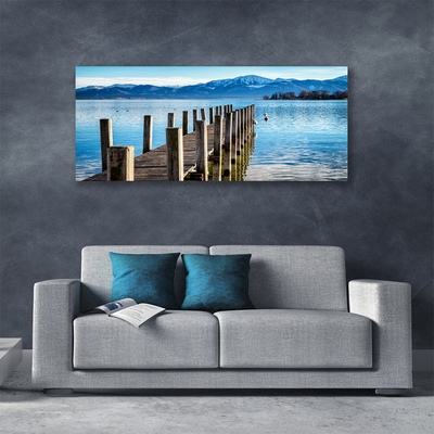 Canvas print Bridge sea mountains architecture brown blue grey