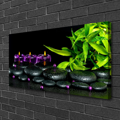 Canvas print Candle stones leaves art black green purple