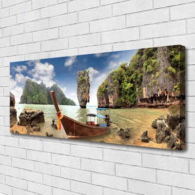 Canvas print Boat mountain stones landscape brown grey green