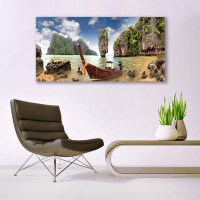 Canvas print Boat mountain stones landscape brown grey green