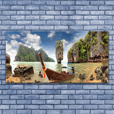 Canvas print Boat mountain stones landscape brown grey green