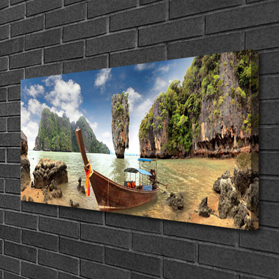 Canvas print Boat mountain stones landscape brown grey green