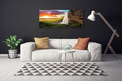 Canvas print Mountain waterfall nature grey white green