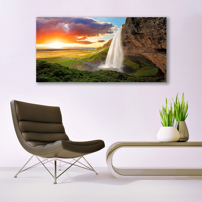 Canvas print Mountain waterfall nature grey white green