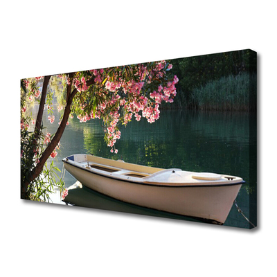 Canvas print Boat tree landscape white blue brown green