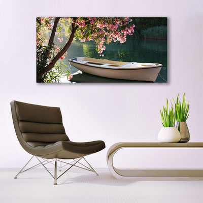 Canvas print Boat tree landscape white blue brown green