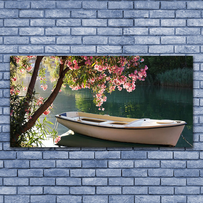 Canvas print Boat tree landscape white blue brown green