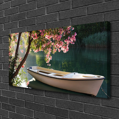 Canvas print Boat tree landscape white blue brown green