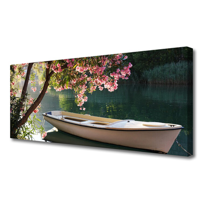 Canvas print Boat tree landscape white blue brown green