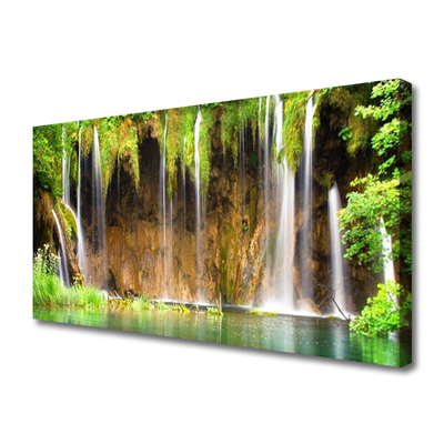 Canvas print Waterfall nature brown green blue white