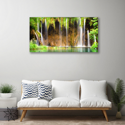 Canvas print Waterfall nature brown green blue white