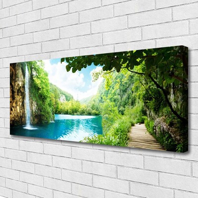 Canvas print Waterfall lake trees nature white blue brown green