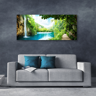 Canvas print Waterfall lake trees nature white blue brown green