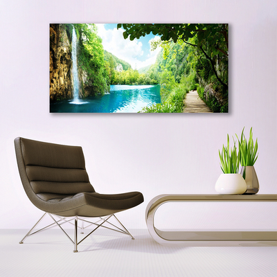 Canvas print Waterfall lake trees nature white blue brown green