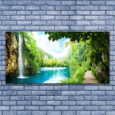 Canvas print Waterfall lake trees nature white blue brown green