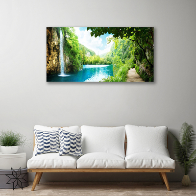 Canvas print Waterfall lake trees nature white blue brown green