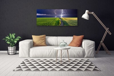 Canvas print Field path lightning landscape grey green purple white