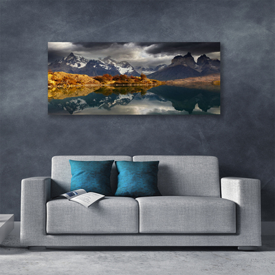 Canvas print Mountain lake landscape grey yellow white