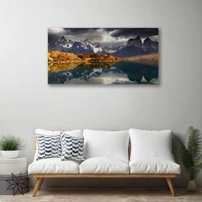 Canvas print Mountain lake landscape grey yellow white