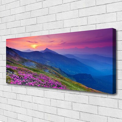 Canvas print Mountains meadow flowers landscape blue pink green yellow