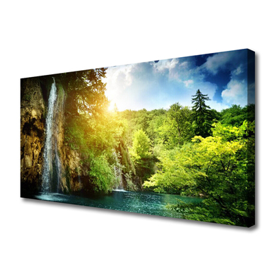 Canvas print Waterfall trees landscape blue white green brown