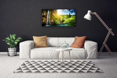 Canvas print Waterfall trees landscape blue white green brown