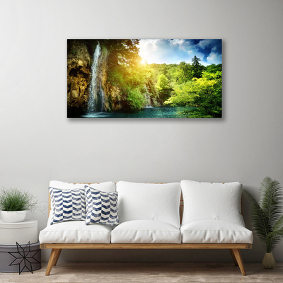 Canvas print Waterfall trees landscape blue white green brown