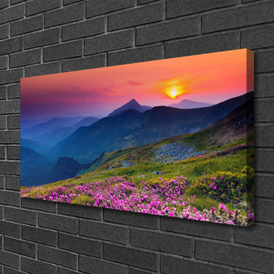 Canvas Wall art Mountains meadow flowers landscape yellow blue green pink