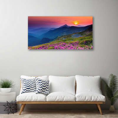 Canvas Wall art Mountains meadow flowers landscape yellow blue green pink