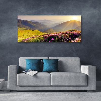 Canvas Wall art Mountain meadow landscape green pink grey