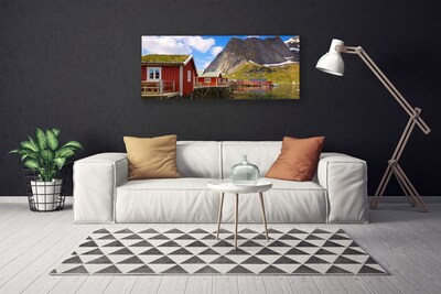 Canvas Wall art Houses lake mountains landscape brown white green grey