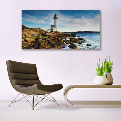 Canvas Wall art Lighthouse stones sea landscape white brown grey yellow