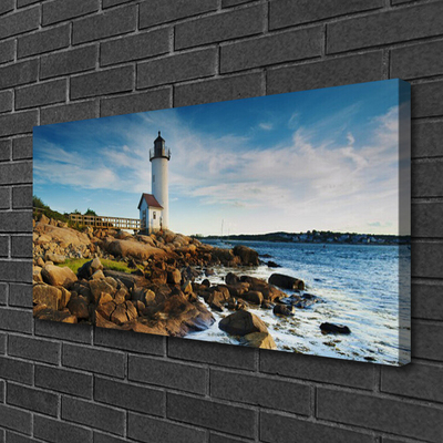 Canvas Wall art Lighthouse stones sea landscape white brown grey yellow