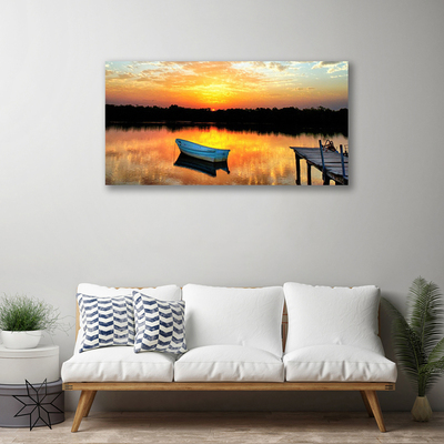 Canvas Wall art Boat bridge lake landscape white grey yellow black