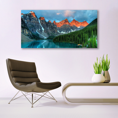 Canvas Wall art Mountain forest lake landscape blue green grey yellow