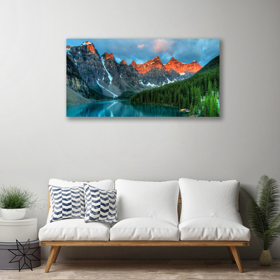 Canvas Wall art Mountain forest lake landscape blue green grey yellow
