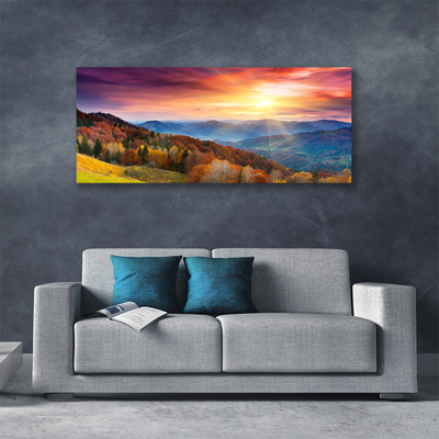 Canvas Wall art Mountain forest yellow landscape green blue yellow pink
