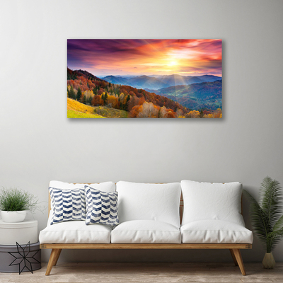 Canvas Wall art Mountain forest yellow landscape green blue yellow pink