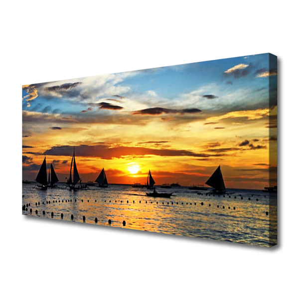 Canvas Wall art Boats sea sun landscape blue yellow black grey