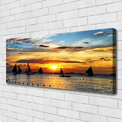 Canvas Wall art Boats sea sun landscape blue yellow black grey