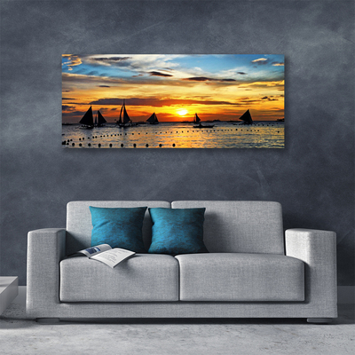 Canvas Wall art Boats sea sun landscape blue yellow black grey