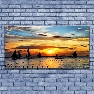 Canvas Wall art Boats sea sun landscape blue yellow black grey