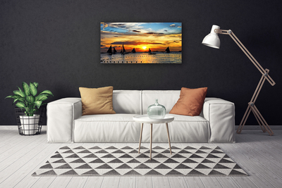 Canvas Wall art Boats sea sun landscape blue yellow black grey