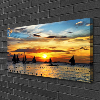 Canvas Wall art Boats sea sun landscape blue yellow black grey