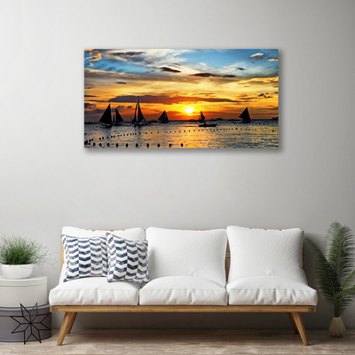 Canvas Wall art Boats sea sun landscape blue yellow black grey